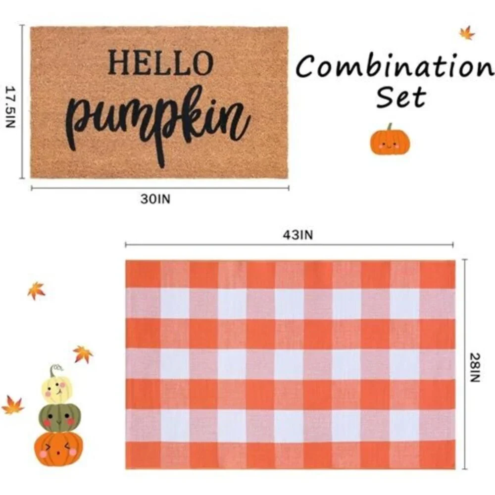 Fall Welcome Mat Set: Coco Coir Mat & 28x43 Orange/White Plaid Rug -Autumn Decor